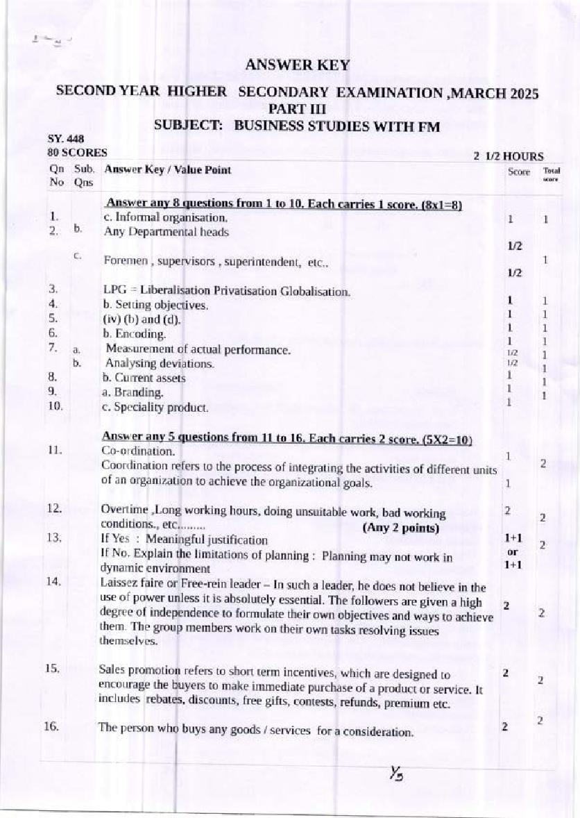 Kerala Plus Two Answer Key 2025 Business Studies - Page 1
