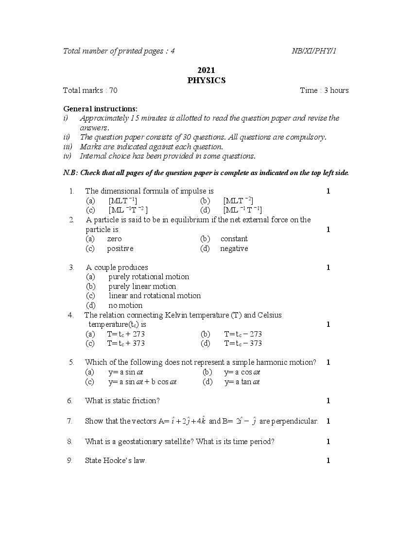 NBSE Class 11 Question Paper 2021 for Physics - Page 1