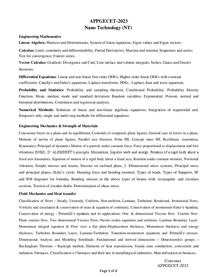 AP PGECET 2023 Syllabus for Nano Technology - Page 1 of 2