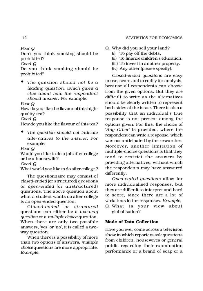 NCERT Book Class 11 Statistics Chapter 2 Collection Of Data