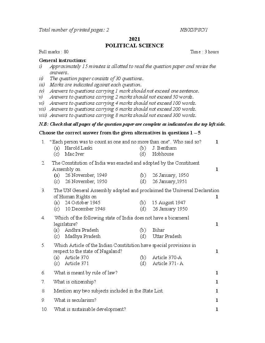 NBSE Class 11 Question Paper 2021 for Political Science - Page 1