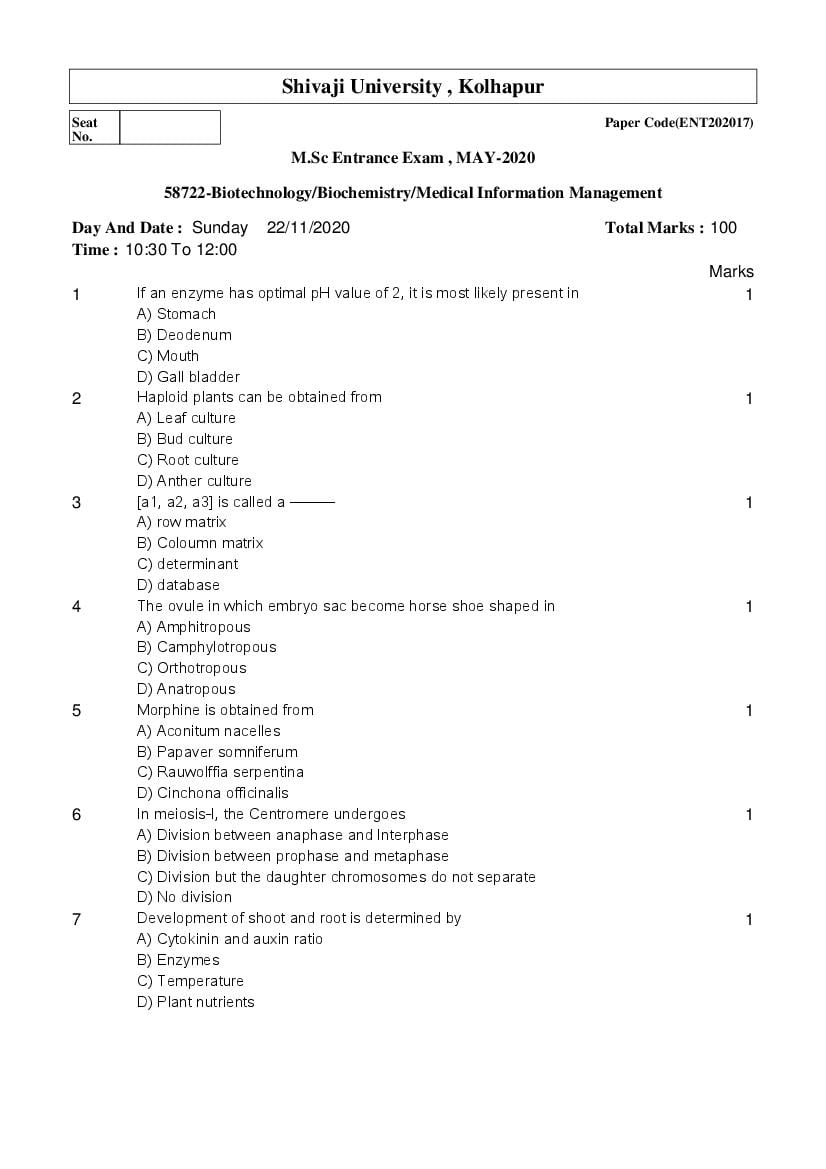 Shivaji University Entrance Exam 2020 Question Paper Biotechnology OR Biochemistry OR Medical Information Management - Page 1