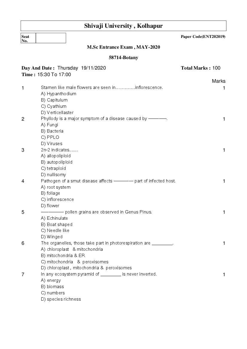 Shivaji University Entrance Exam 2020 Question Paper MSc.Botany - Page 1