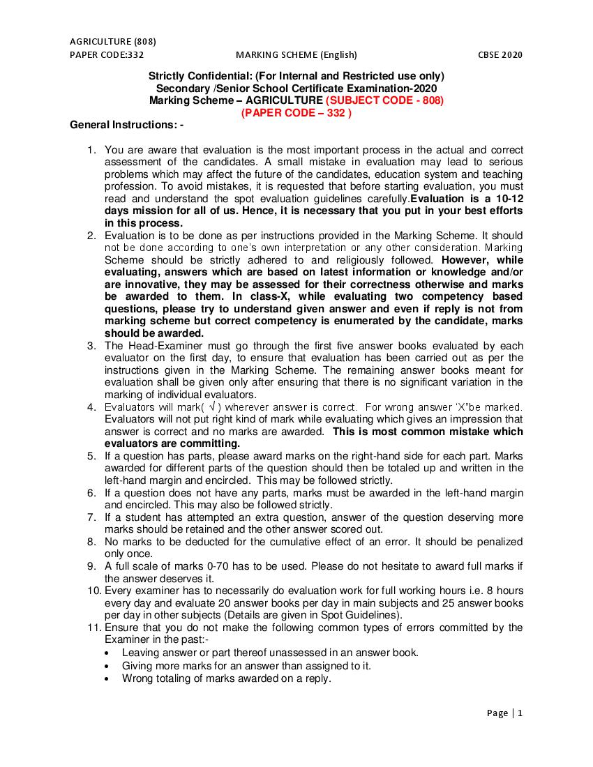 CBSE Class 12 Agriculture Question Paper 2020 Solutions - Page 1