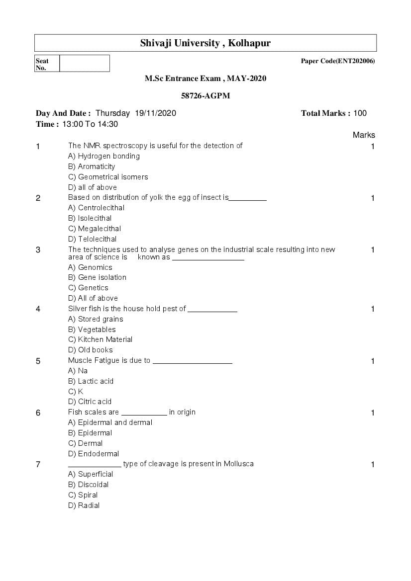 Shivaji University Entrance Exam 2020 Question Paper MSc AGPM - Page 1