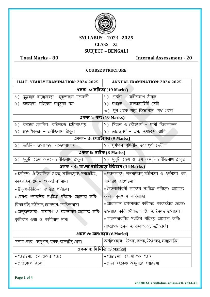 TBSE Class 11 Syllabus 2025 Bengali - Page 1
