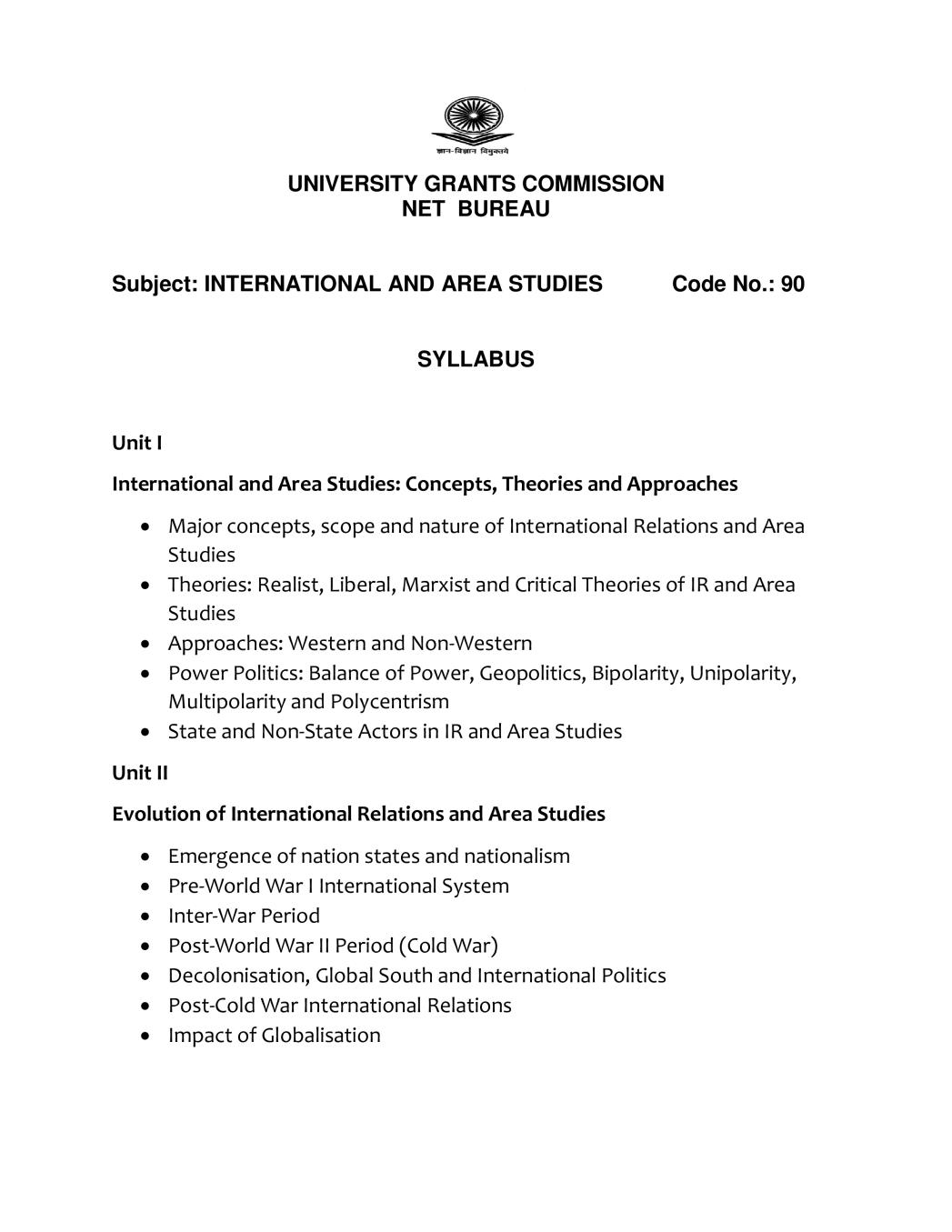 UGC NET Syllabus for International and Area Studies 2020 - Page 1