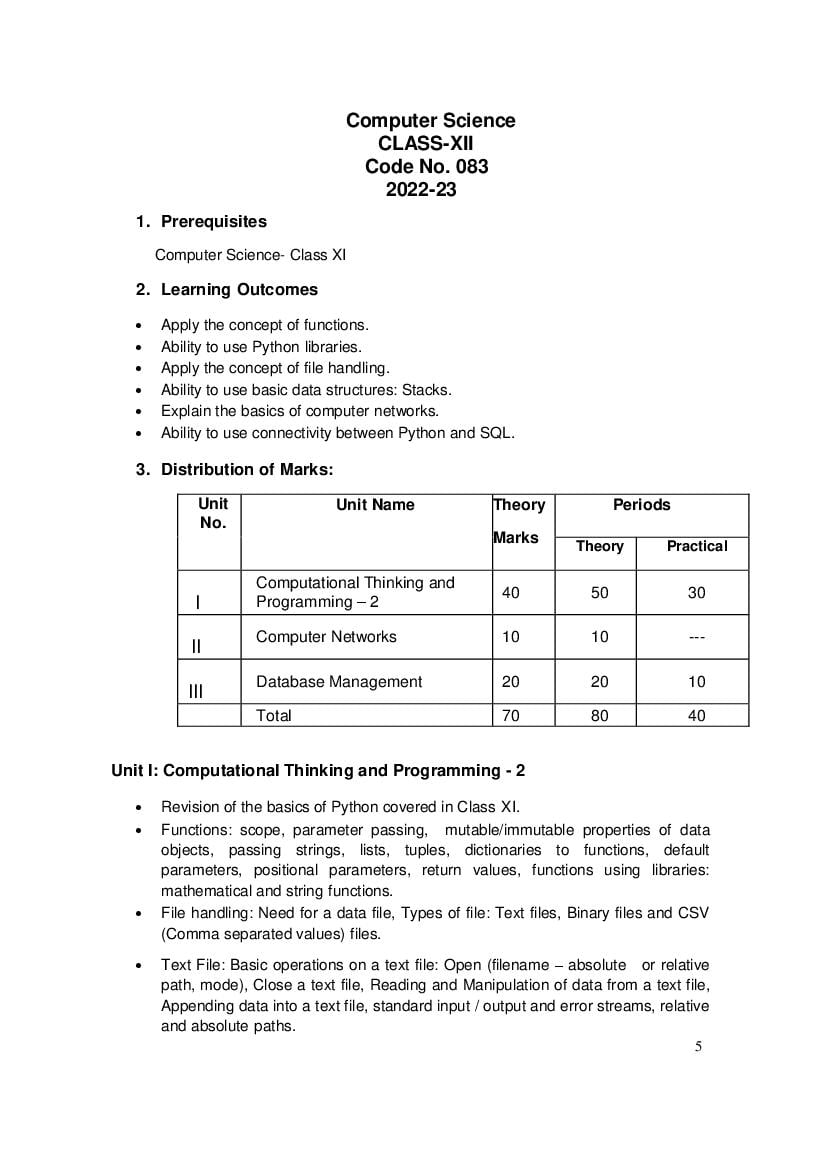 CBSE Class 12 Syllabus 2022-23 Computer Science - Page 1