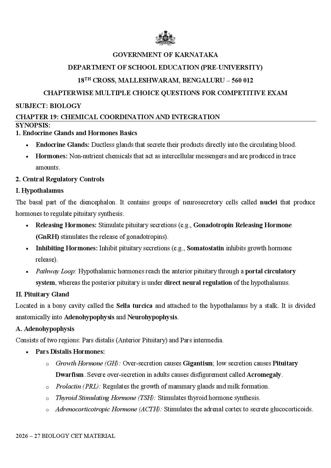 Karnataka 1st PUC Biology Chemical Coordination and Integration MCQ with Answers - Page 1 of 19