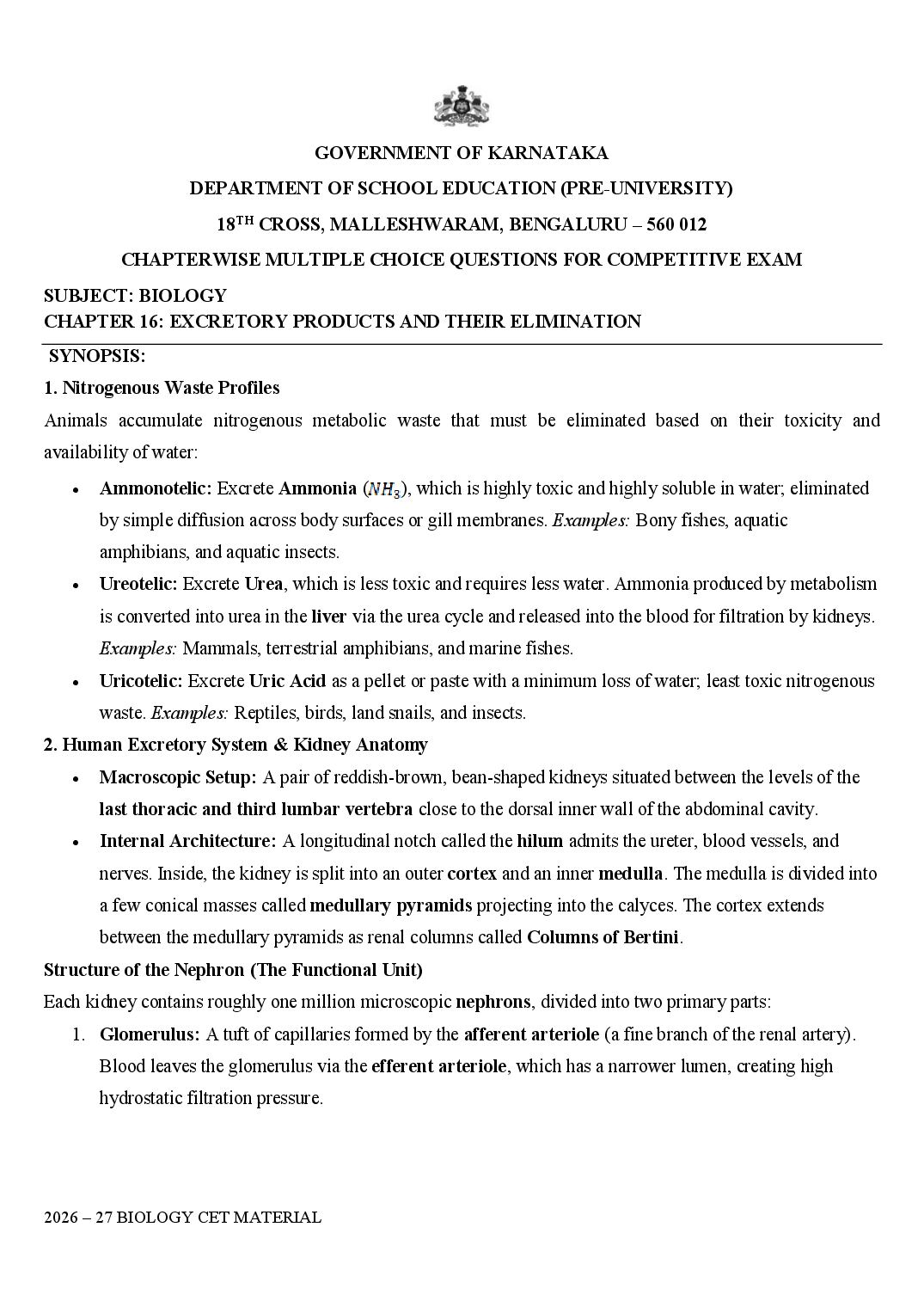 Karnataka 1st PUC Biology Excretory Products and Their Elimination MCQ with Answers - Page 1 of 23