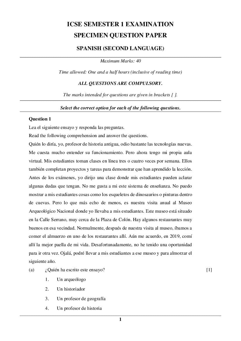 ICSE Class 10 Specimen Paper 2022  Spanish Semester 1 - Page 1