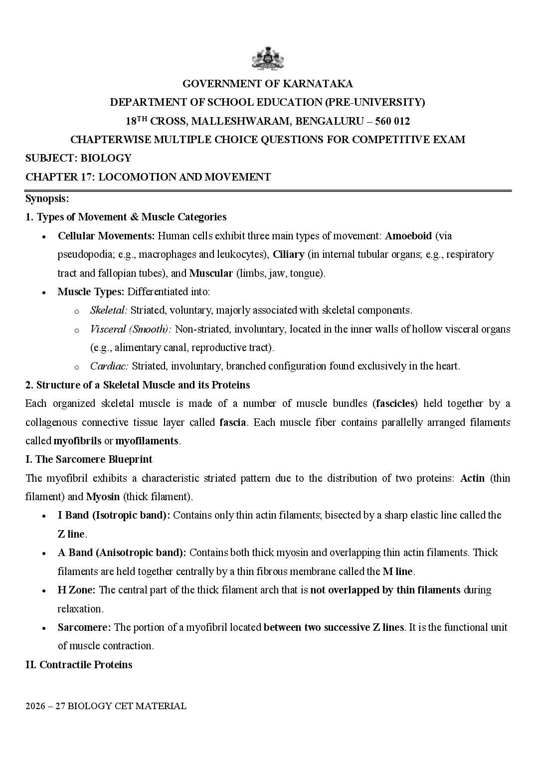 Karnataka 1st PUC Biology Locomotion and Movement MCQ with Answers - Page 1 of 24