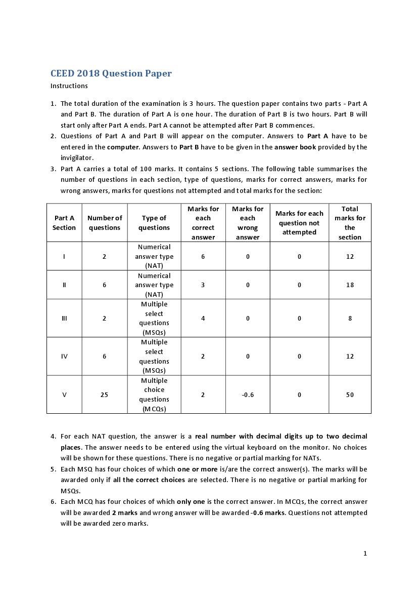 CEED 2018 Question Paper PDF (Official, Part A and Part B)