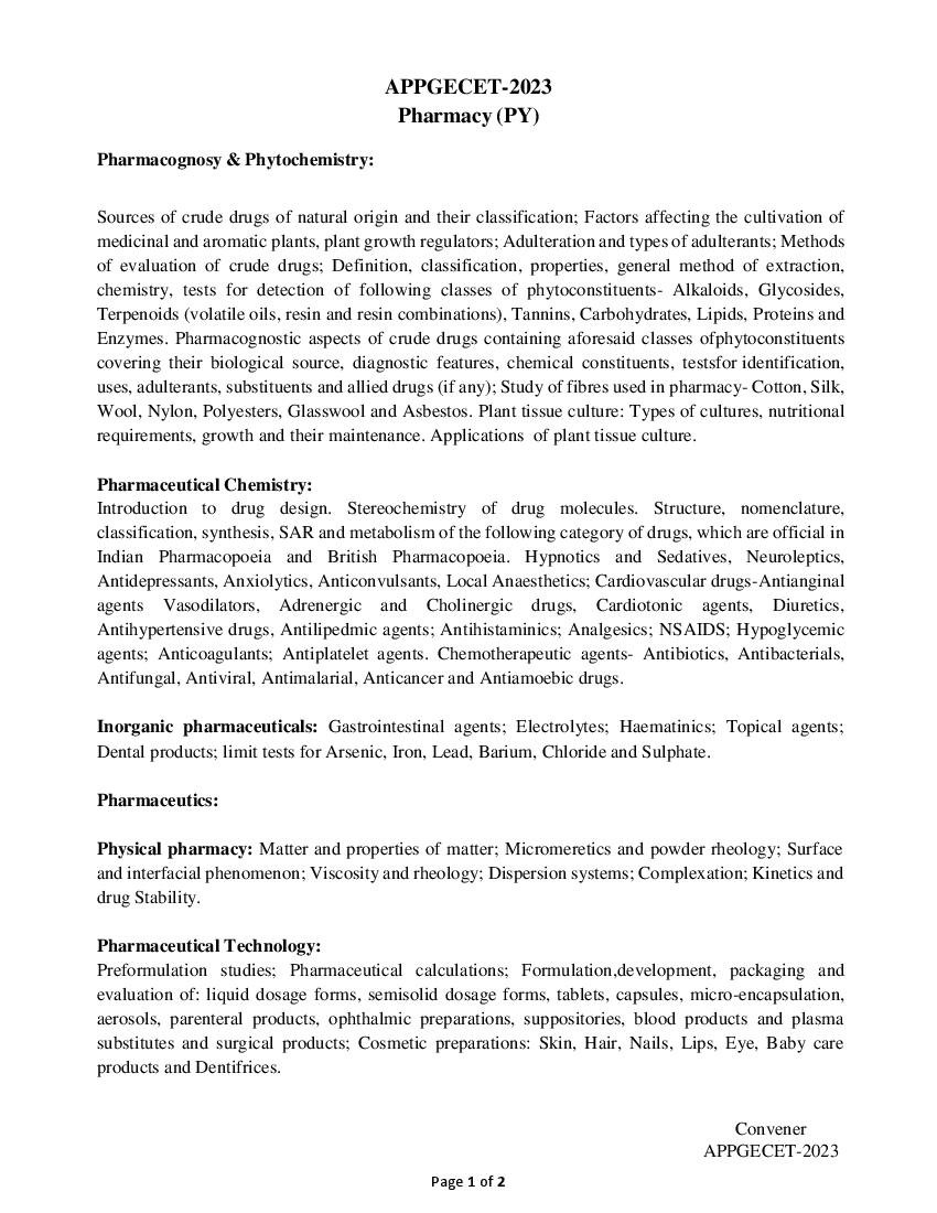 AP PGECET 2023 Syllabus for Pharmacy - Page 1 of 2