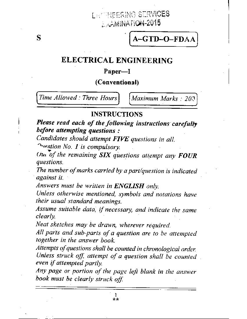 UPSC IES 2015 (Mains) Question Paper Electrical Engineering Paper I - Page 1