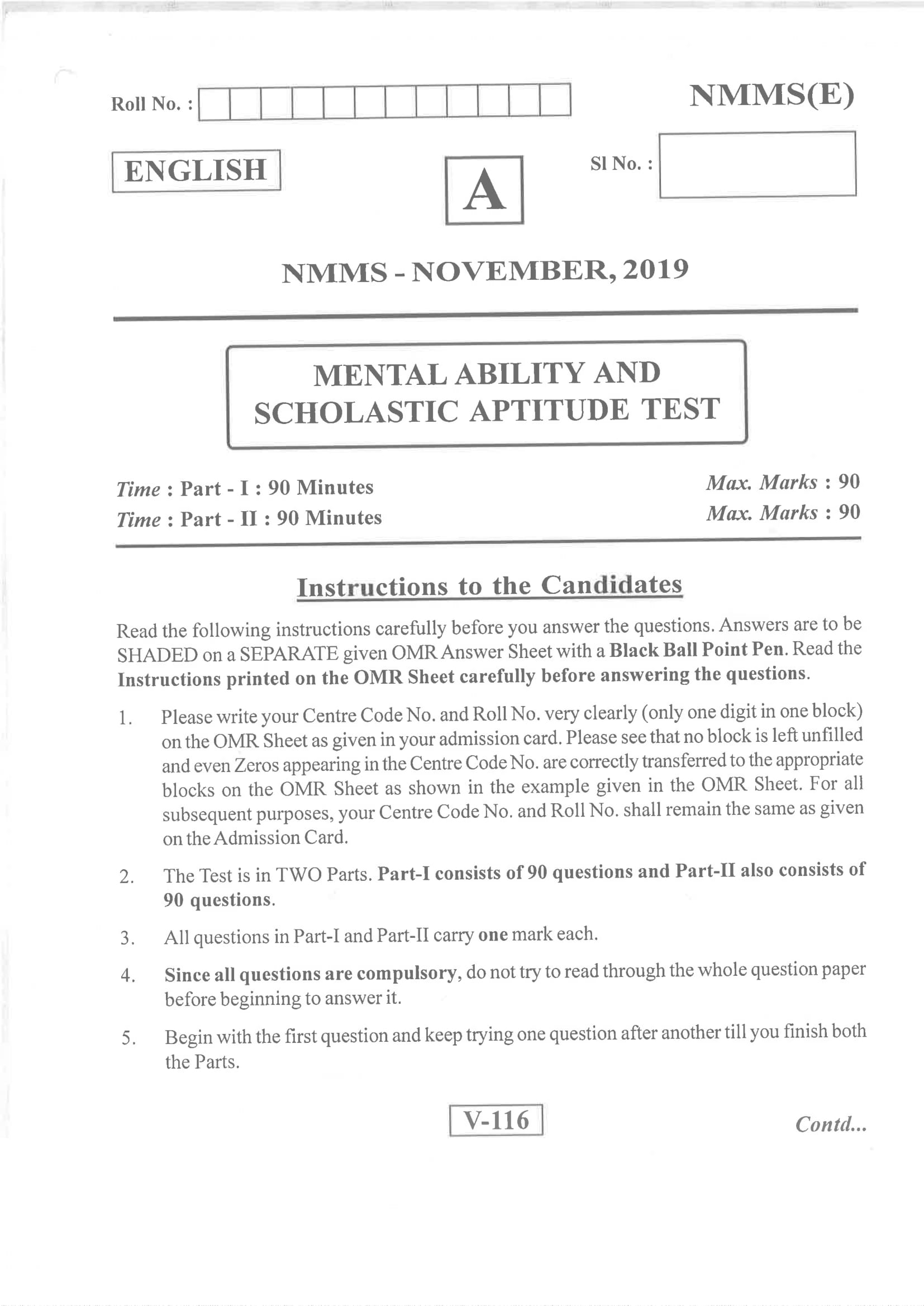 Andhra Pradesh NMMS Nov 2019 Question Paper Set A English - Page 1