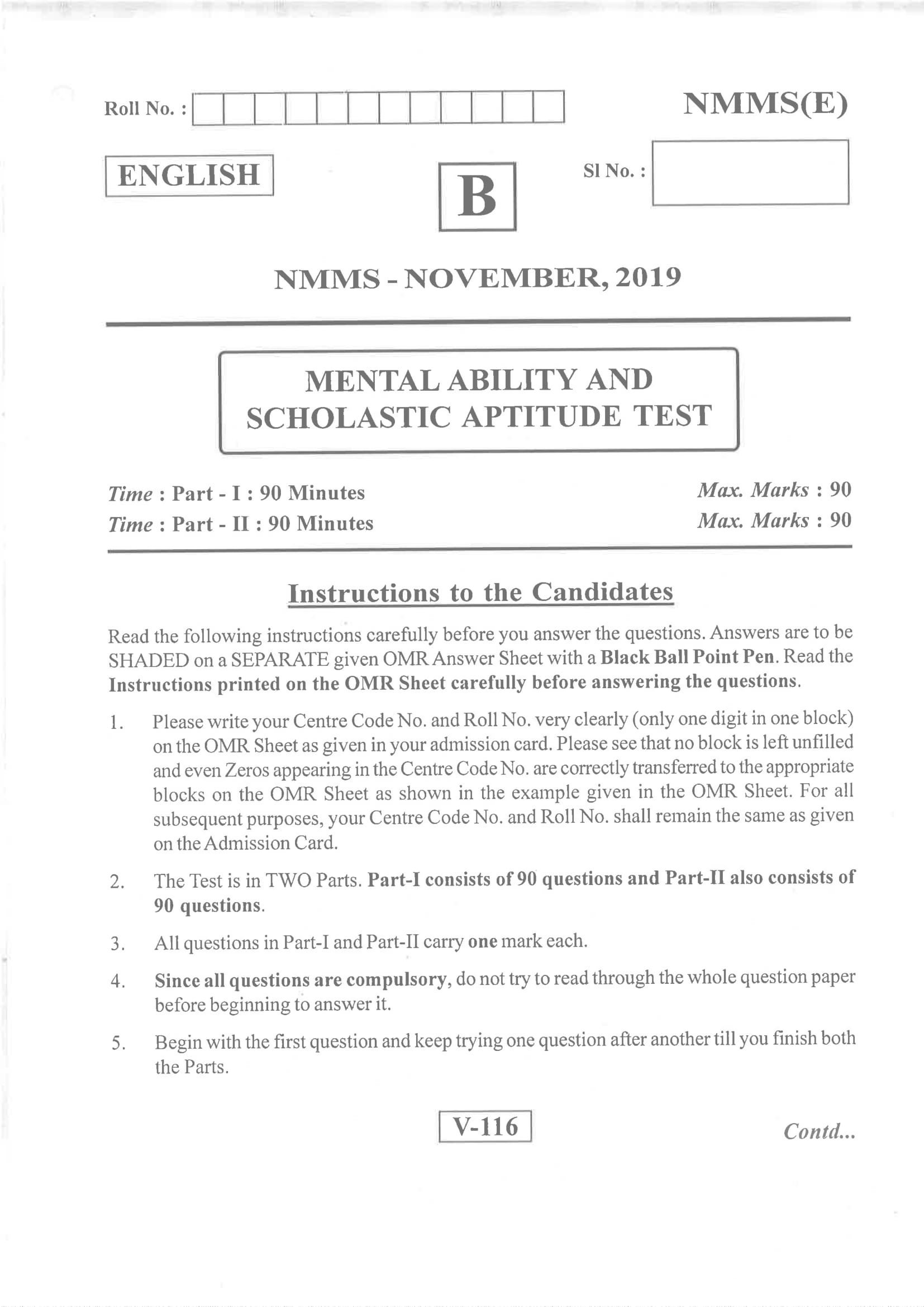 Andhra Pradesh NMMS Nov 2019 Question Paper Set B English - Page 1
