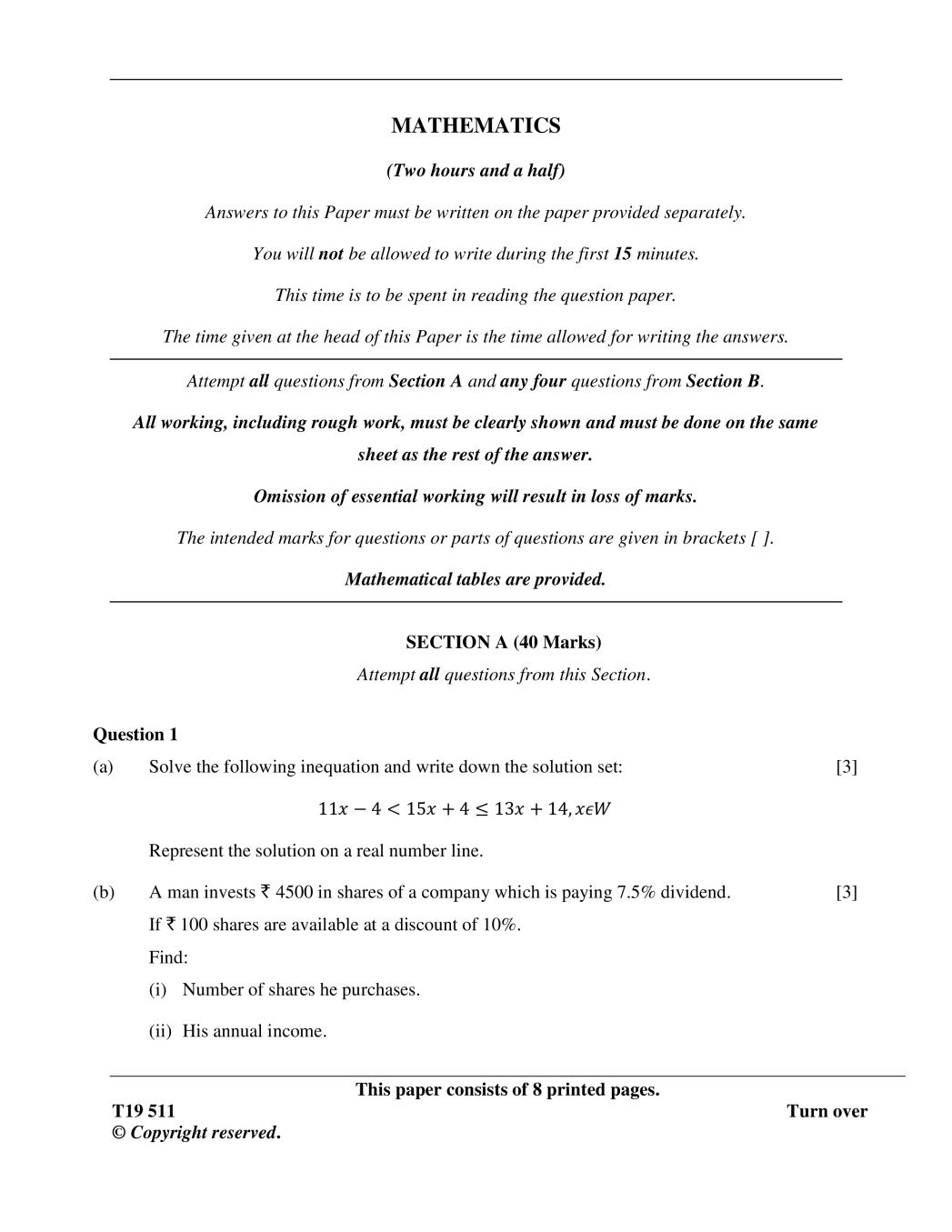 ICSE Class 10 Question Paper 2019 for Mathematics  - Page 1