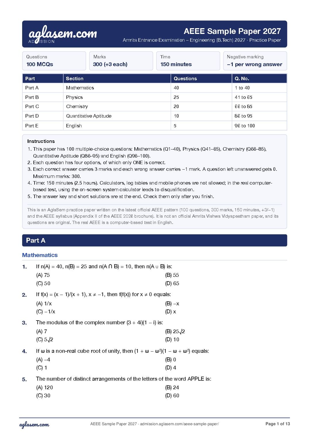 AEEE 2027 Sample Paper B.Tech - Page 1 of 13