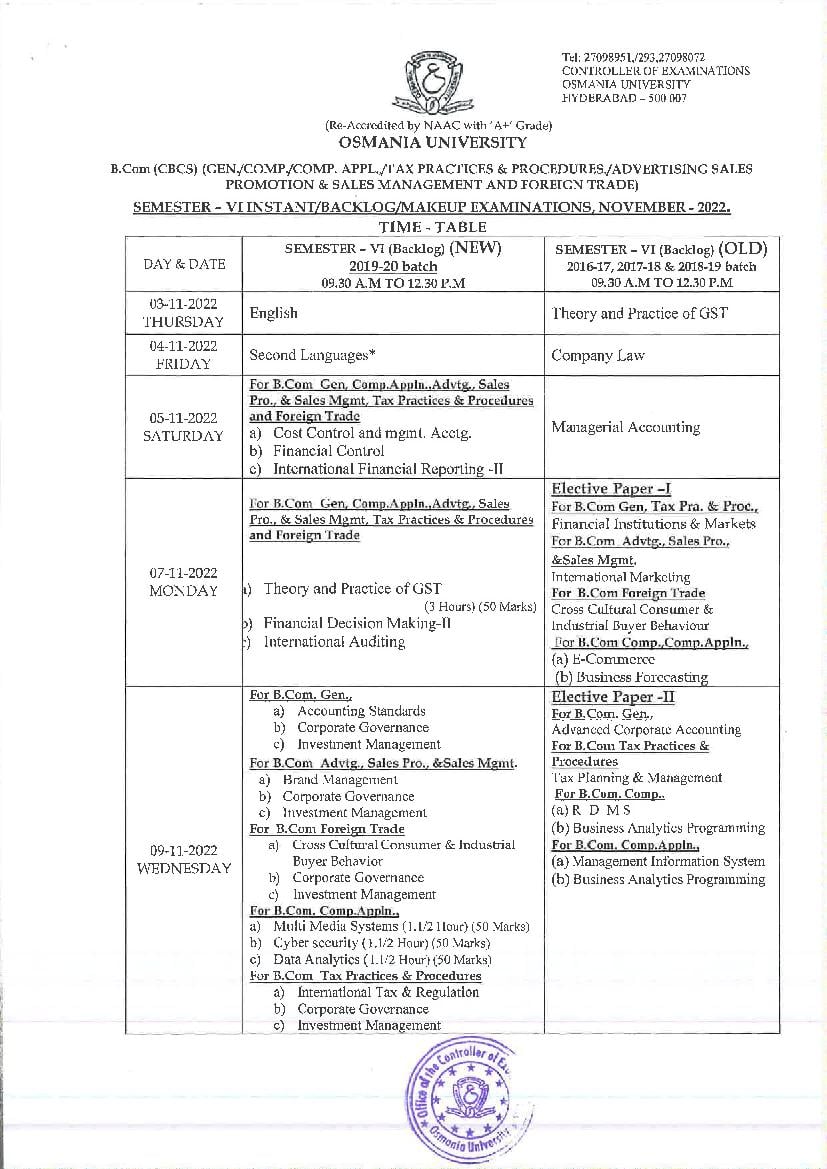 Osmania University Time Table For UG B.Com (CBCS) 6th Sem Instant ...