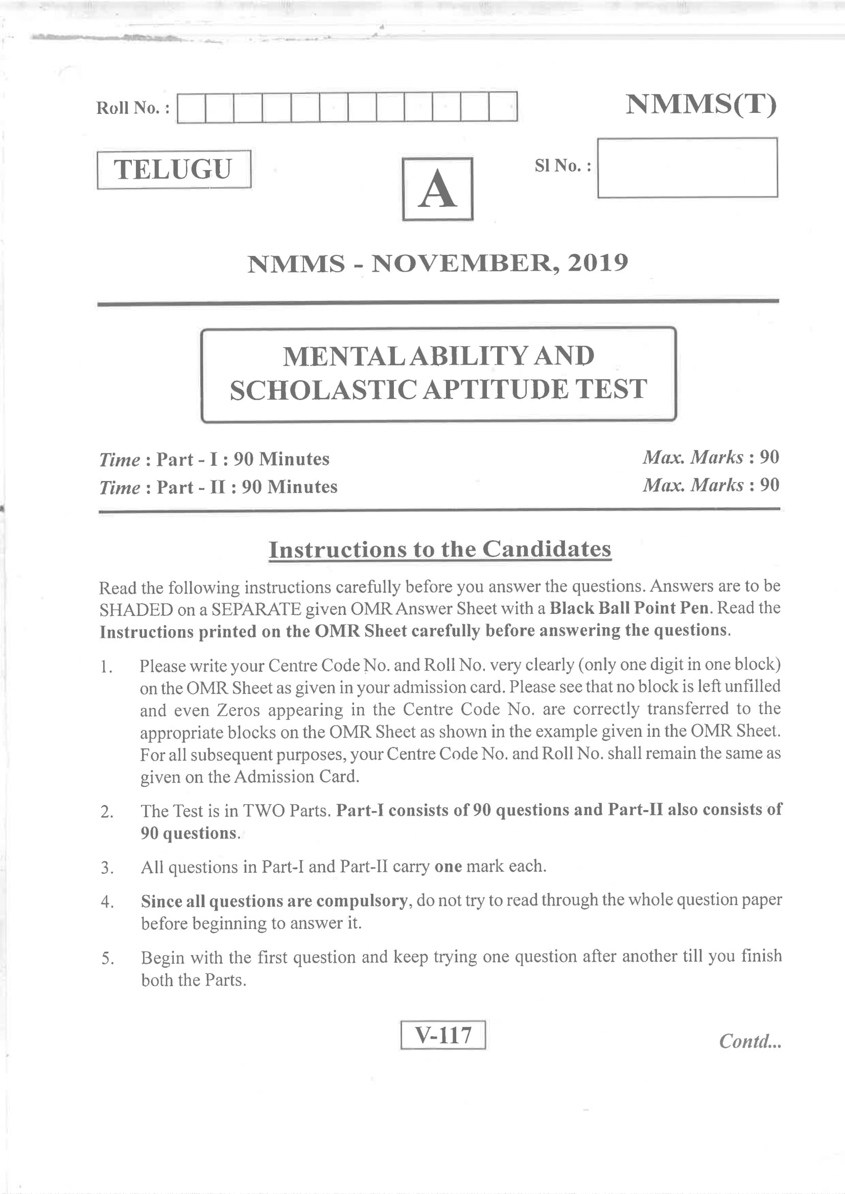Andhra Pradesh NMMS Nov 2019 Question Paper Set A Telugu - Page 1