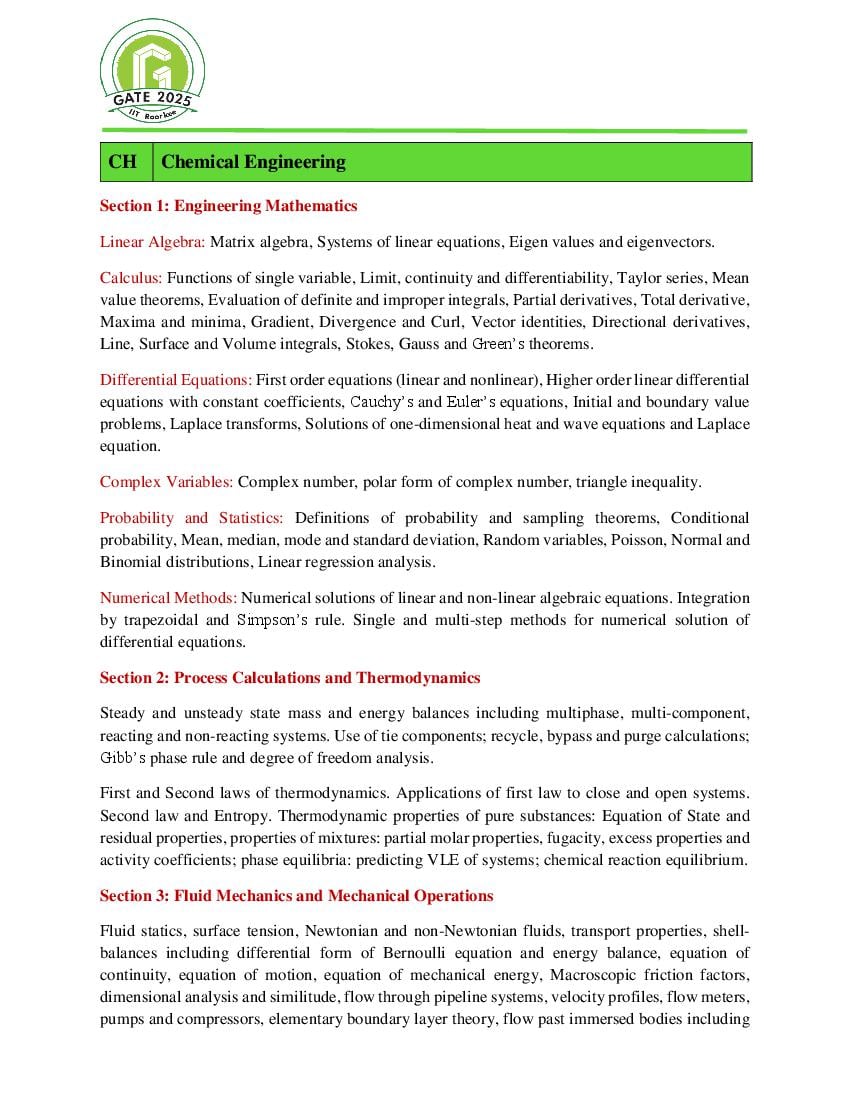 GATE 2025 Syllabus for Chemical Engineering - Page 1