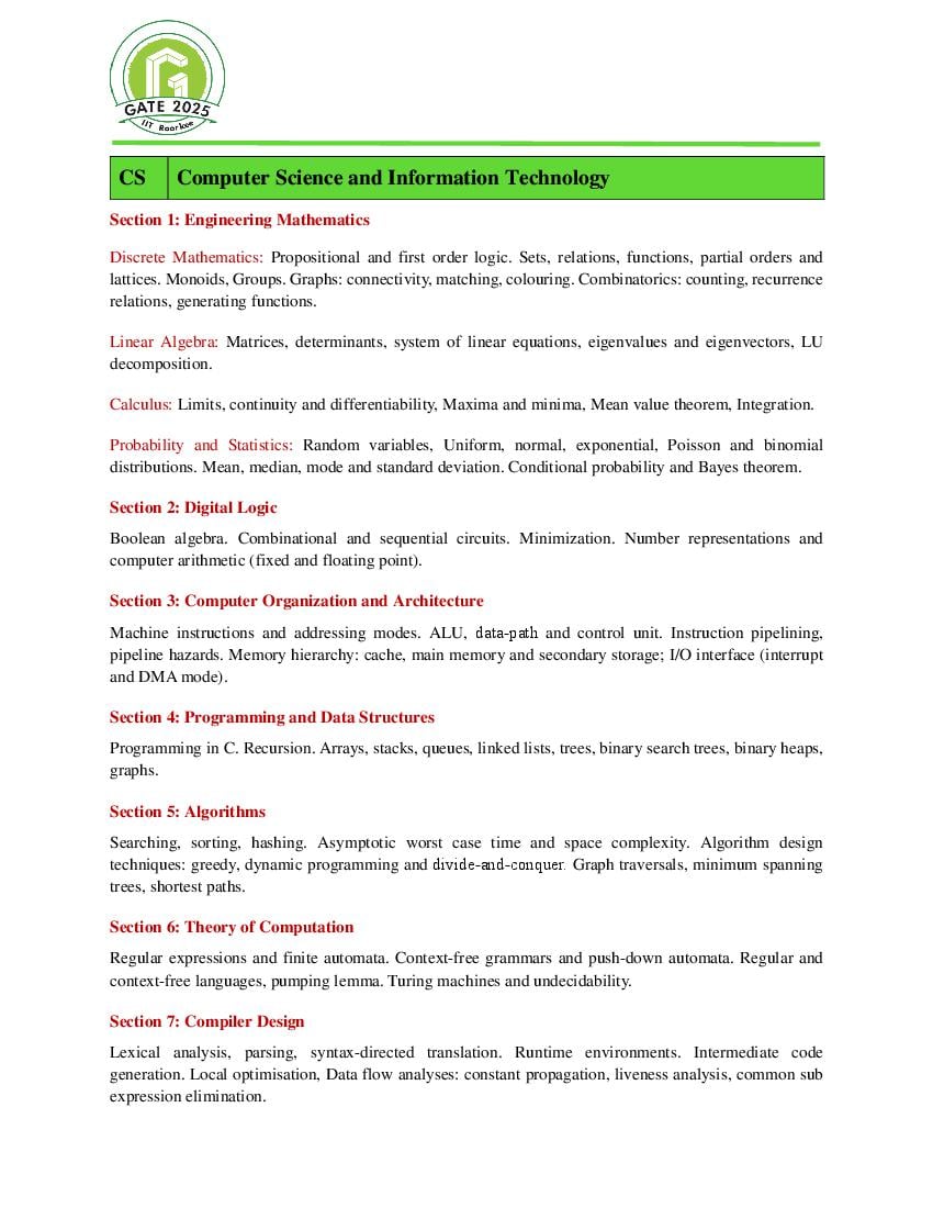 GATE 2025 Syllabus for Computer Science & Information Technology - Page 1