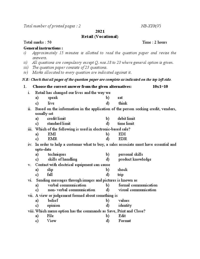 NBSE Class 11 Question Paper 2021 for Retail - Page 1