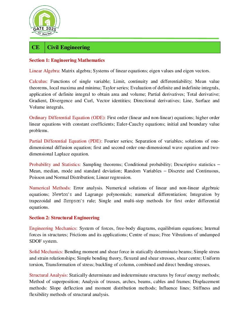 GATE 2025 Syllabus for Civil Engineering - Page 1