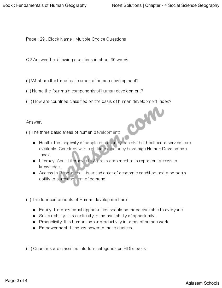 NCERT Solutions For Class 12 Geography Chapter 3 Human Development PDF 