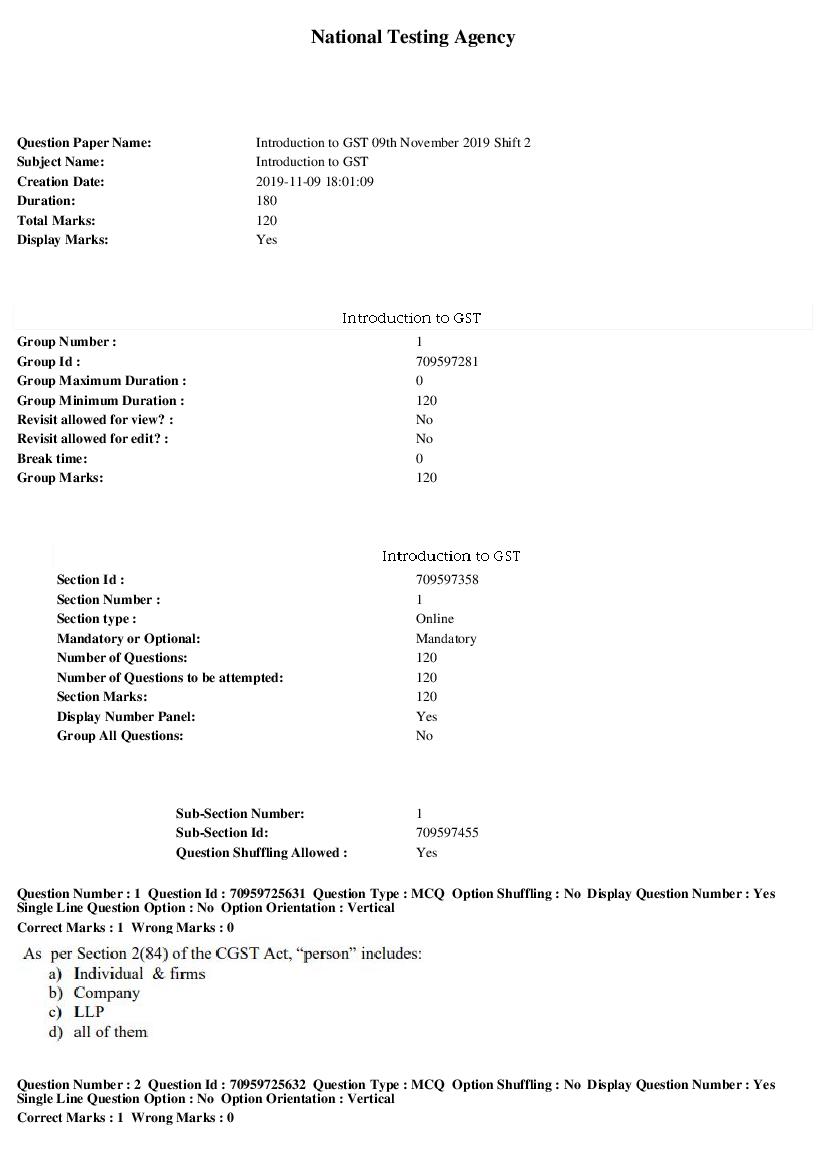 SWAYAM 2019 Question Paper Introduction to GST - Page 1 of 23