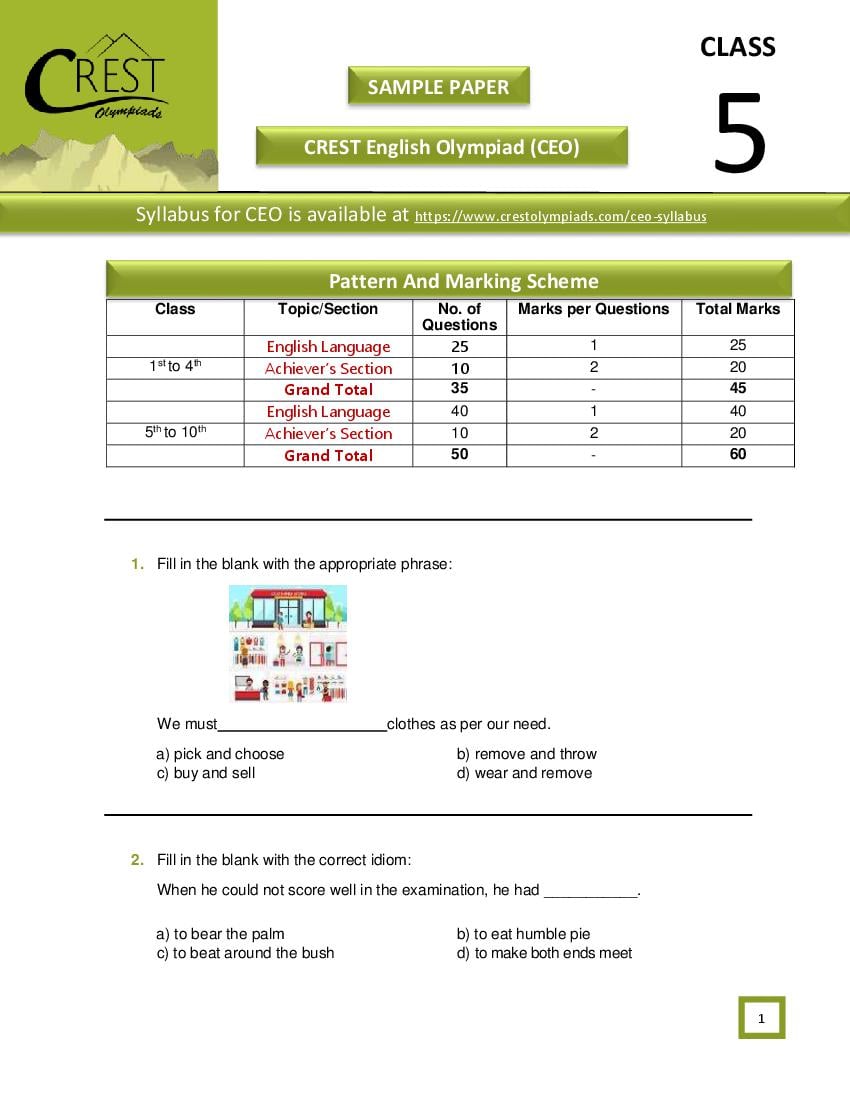 CREST English Olympiad (CEO) Class 5 Sample Paper - Page 1