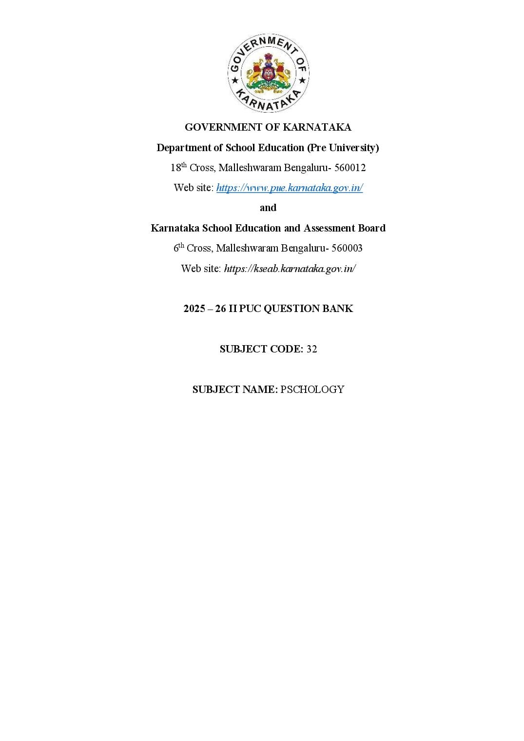 Karnataka 2nd PUC Question Bank 2026 Psychology - Page 1 of 71