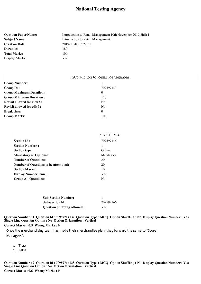 SWAYAM 2019 Question Paper Introduction to Retail Management - Page 1 of 14