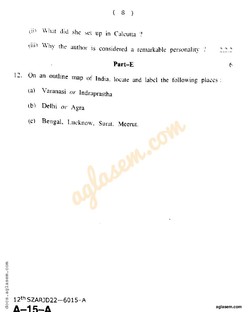 JKBOSE Class 12th History Question Paper (PDF)