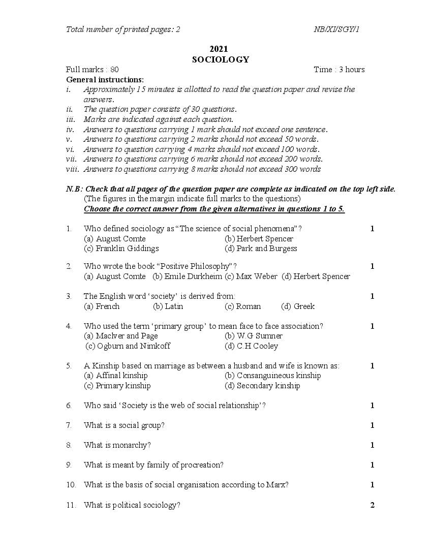 NBSE Class 11 Question Paper 2021 for Sociology - Page 1