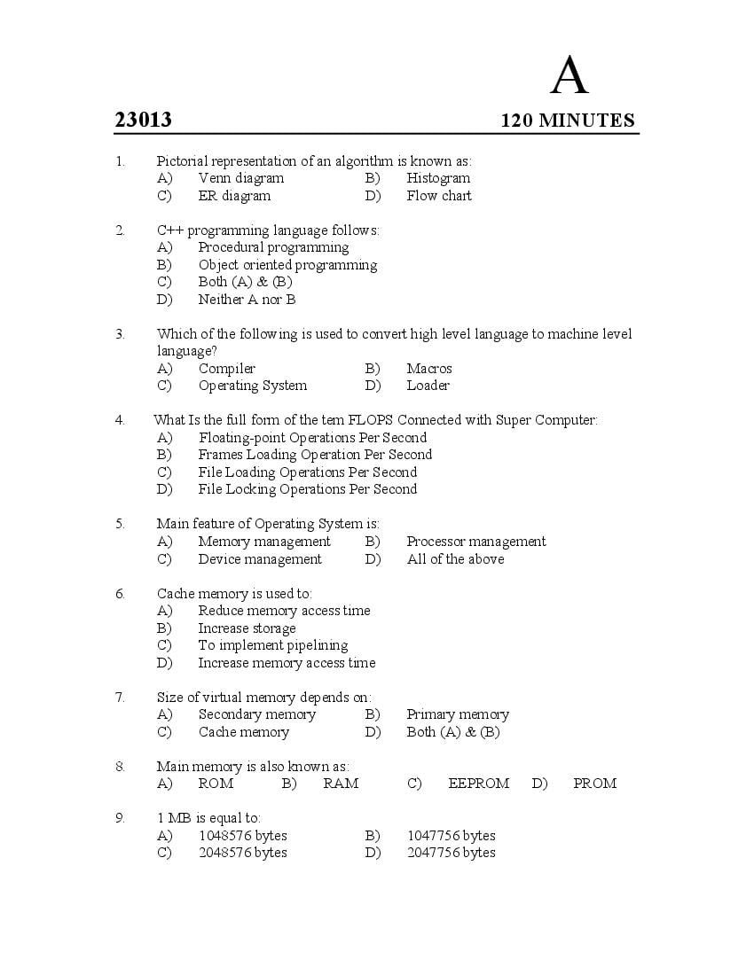 LBS Kerala MCA Entrance Test 2023 Question Paper - Page 1