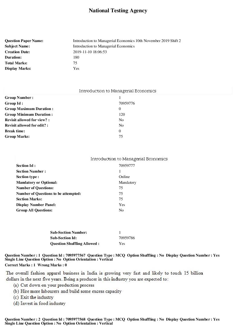 SWAYAM 2019 Question Paper Introduction to Managerial Economics - Page 1 of 15