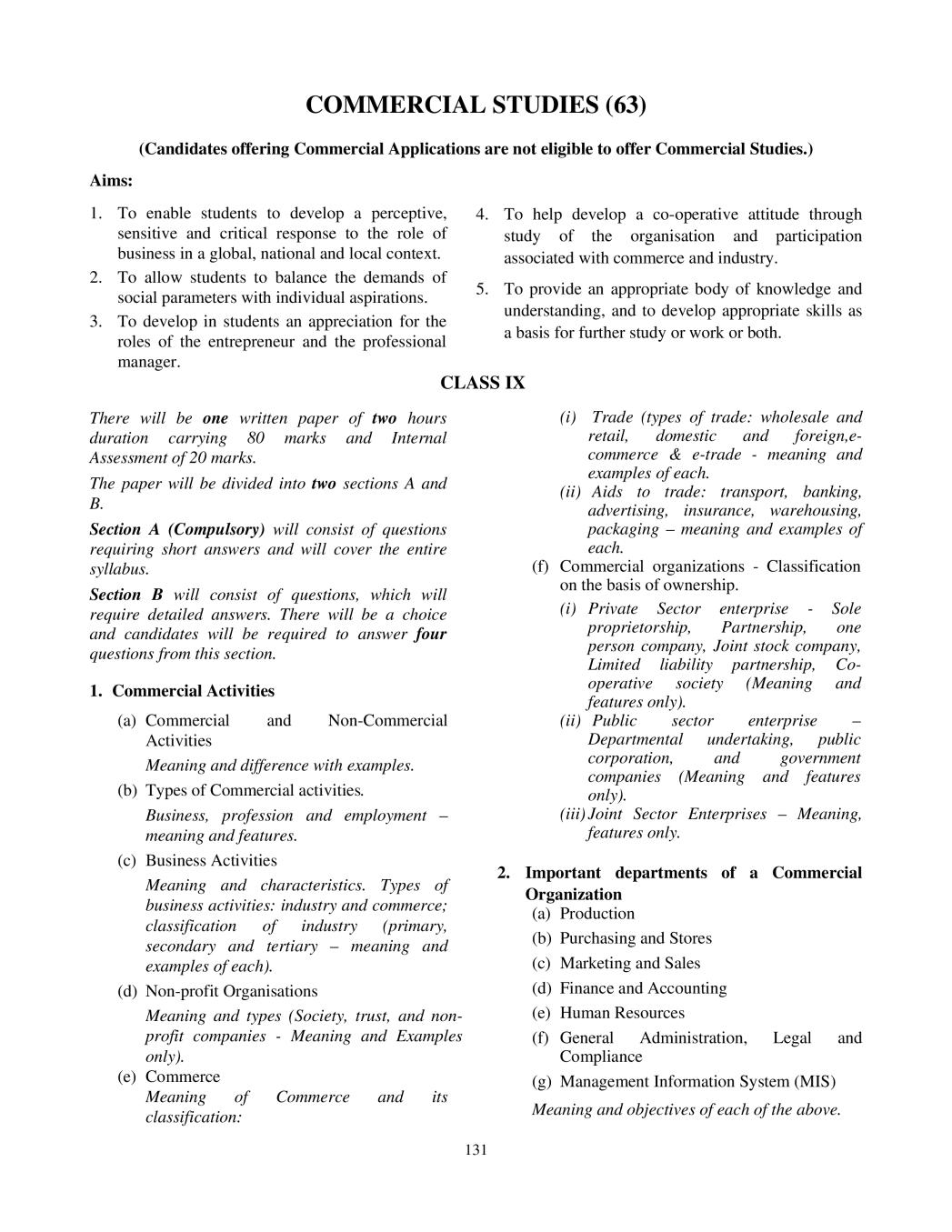 ICSE Class 10 Commercial Studies Syllabus 2021 - Page 1