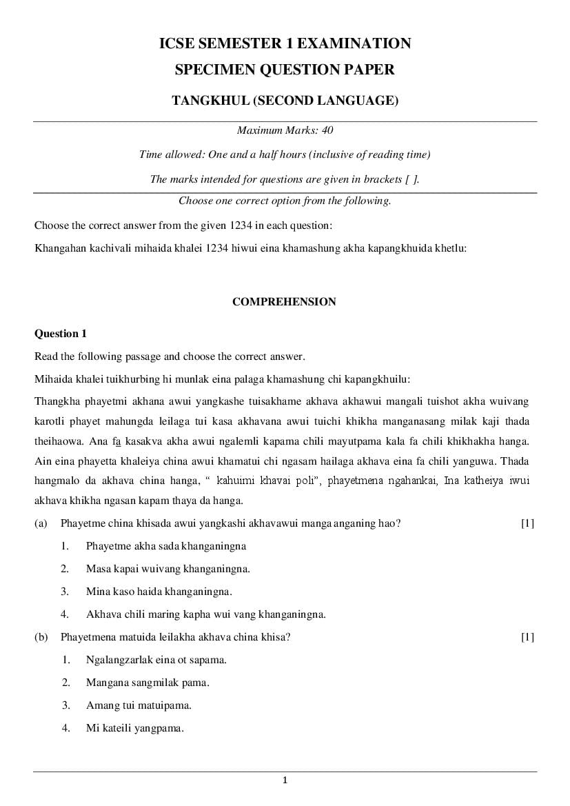 ICSE Class 10 Specimen Paper 2022  Tangkhul Semester 1 - Page 1