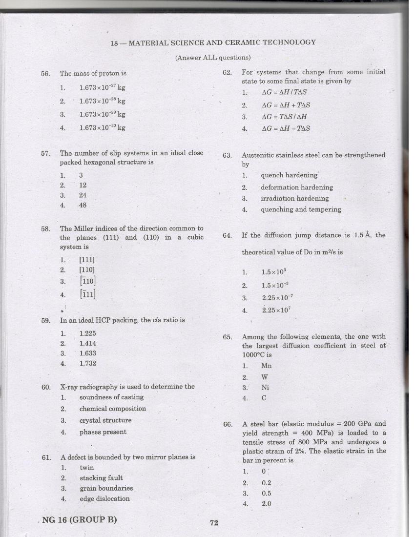 TANCET 2016 Question Paper for Material Science Ceramic Technology - Page 1
