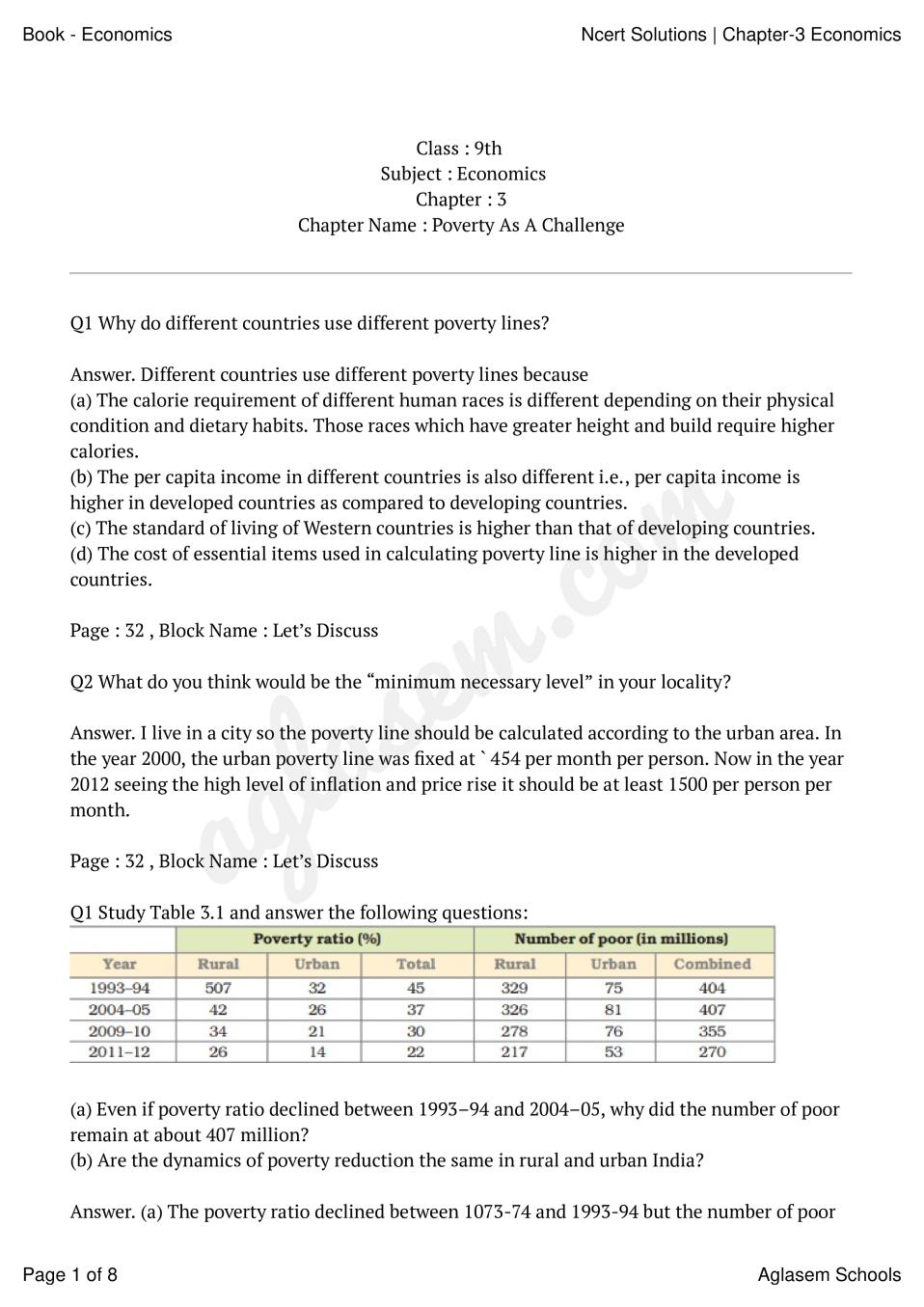 NCERT Solutions For Class 9 Economics Chapter 3 Poverty As A Challenge