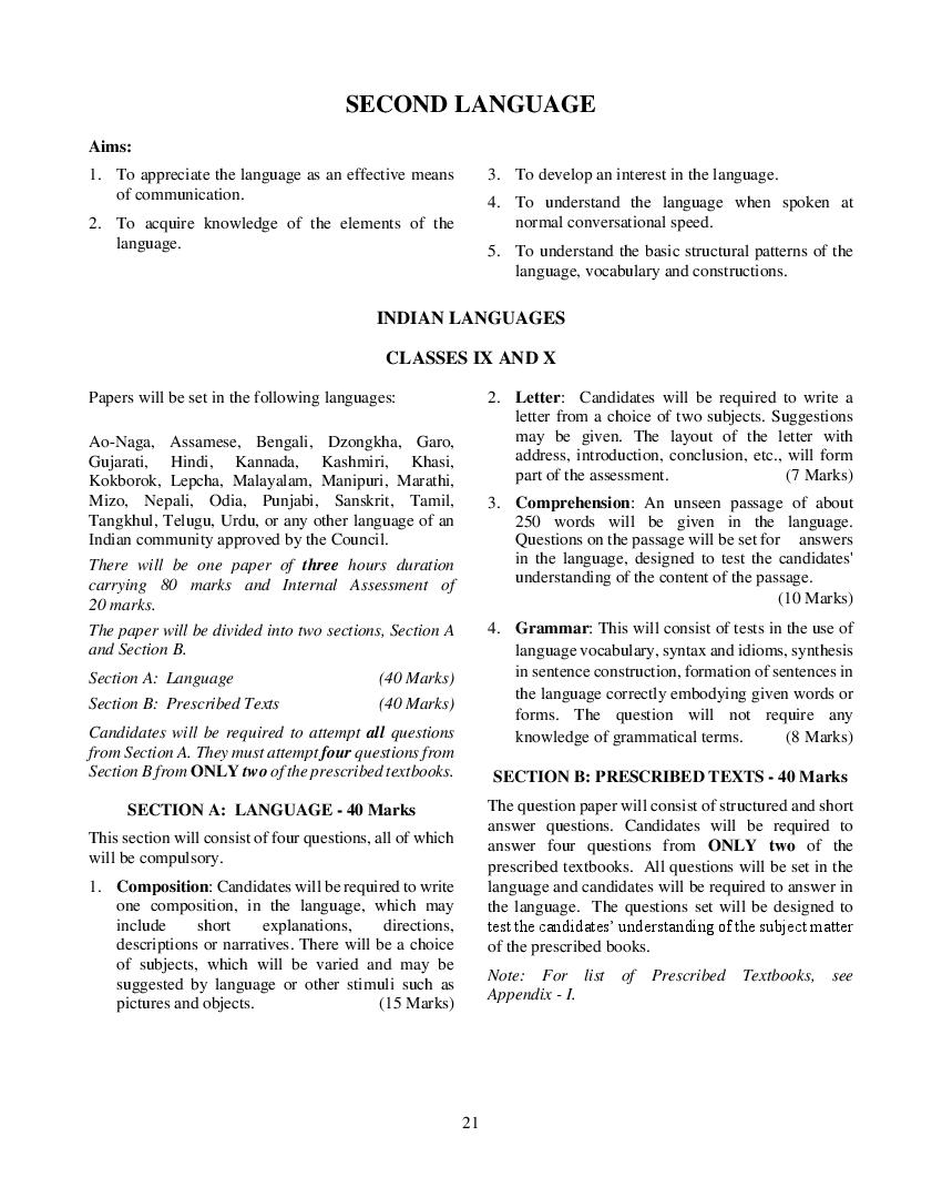 ICSE Class 10 Syllabus 2023 Indian Languages Second Language - Page 1