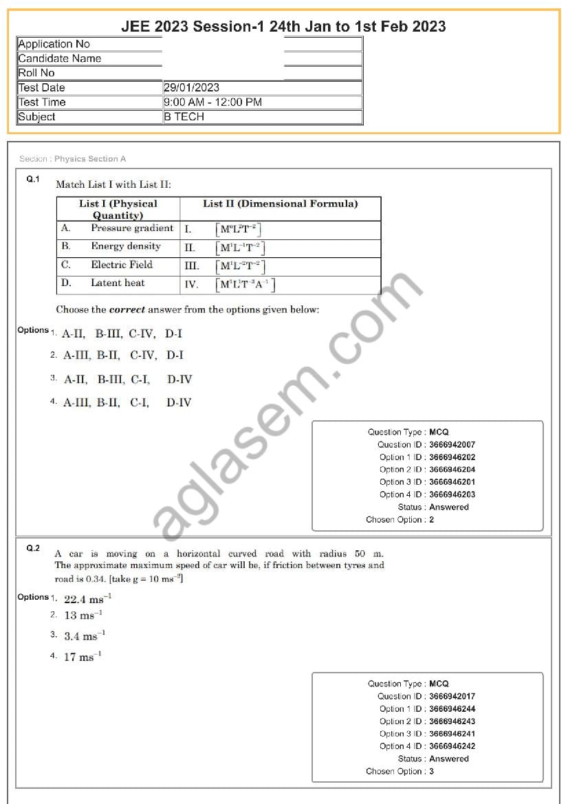 JEE Main 2023 Question Paper - 29 Jan Shift 1 - Page 1