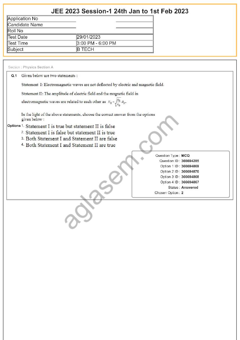 JEE Main 2023 Question Paper - 29 Jan Shift 2 - Page 1