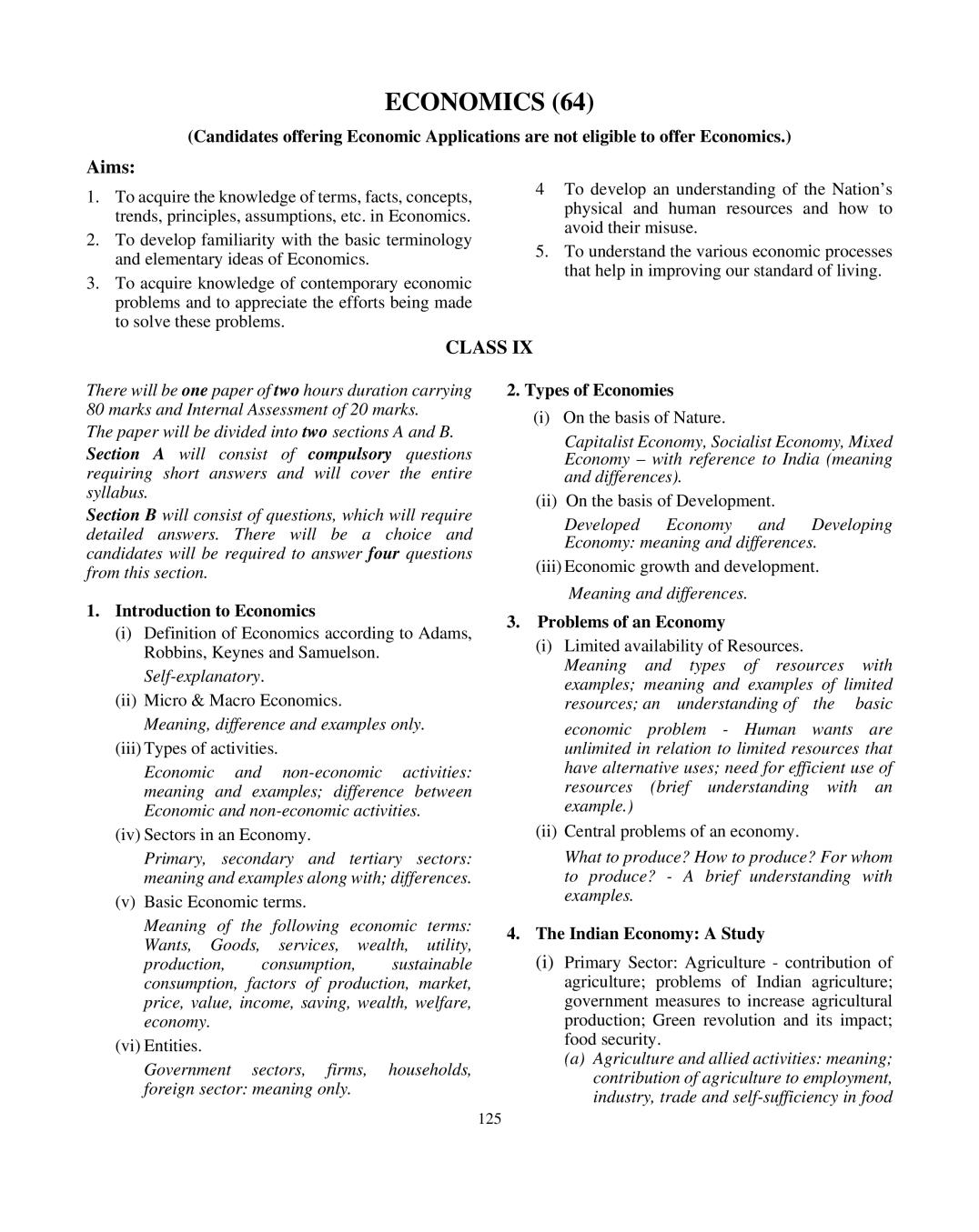 ICSE Class 10 Economics Syllabus 2021 - Page 1