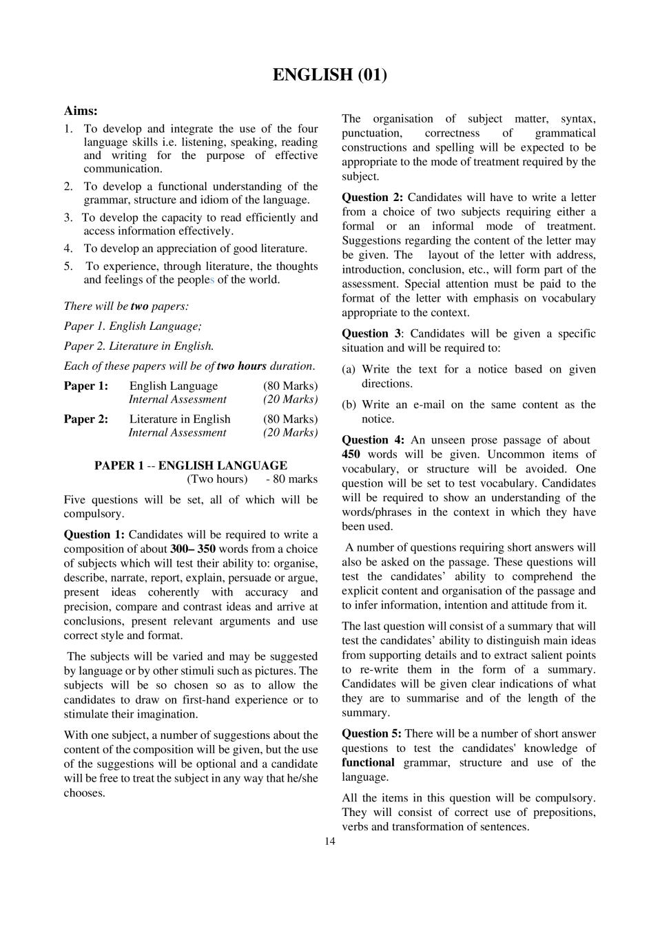 ICSE Class 10 English Syllabus 2021 - Page 1