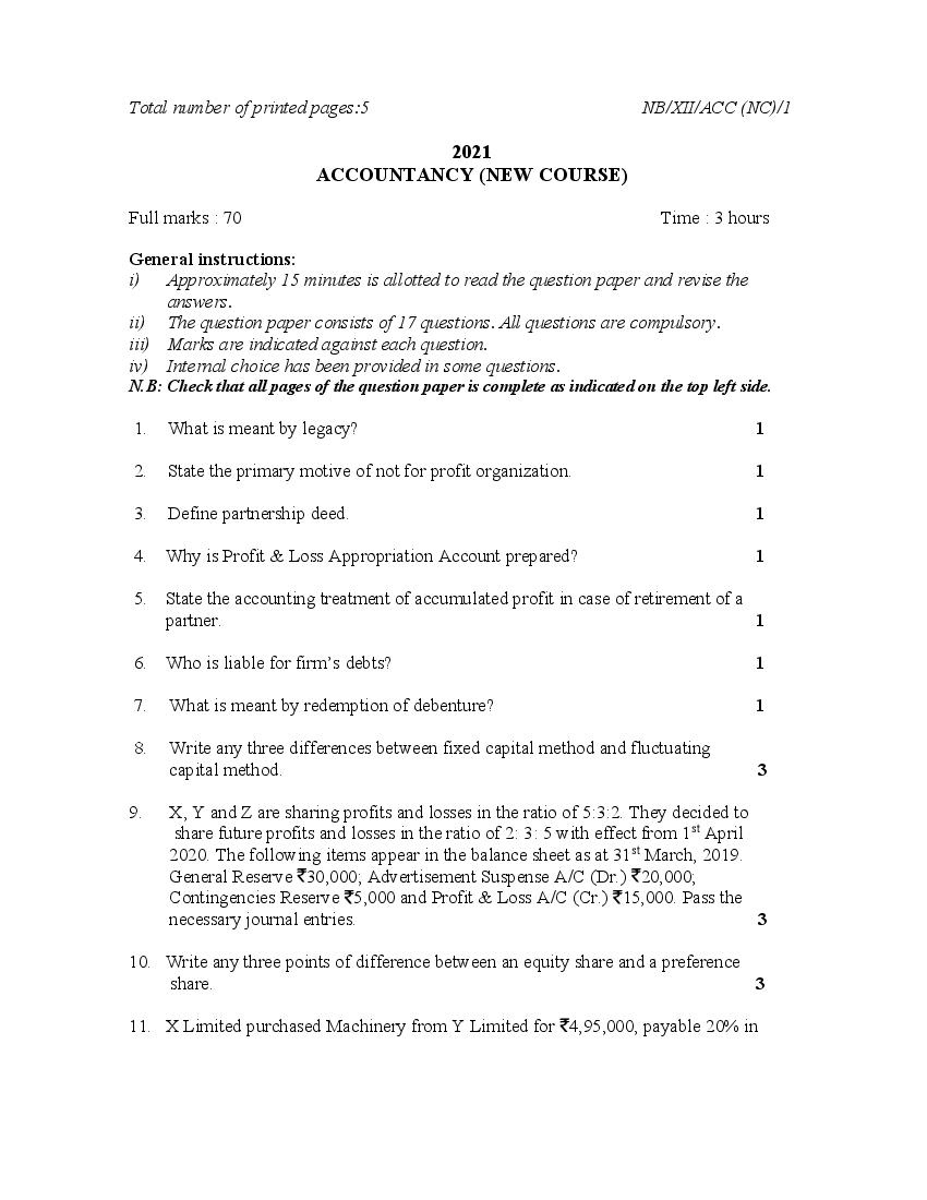 NBSE Class 12 Question Paper 2021 for Accountancy - Page 1