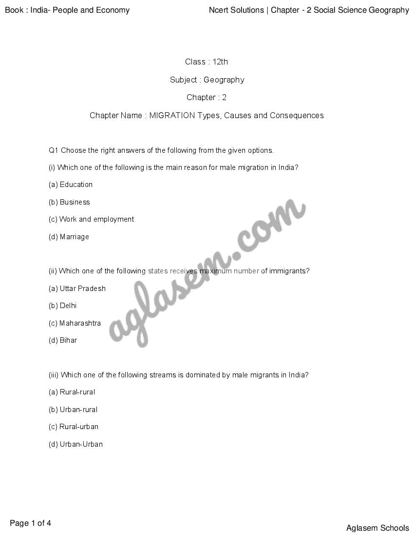 NCERT Solutions For Class 12 Geography Chapter Migration Types, Causes ...