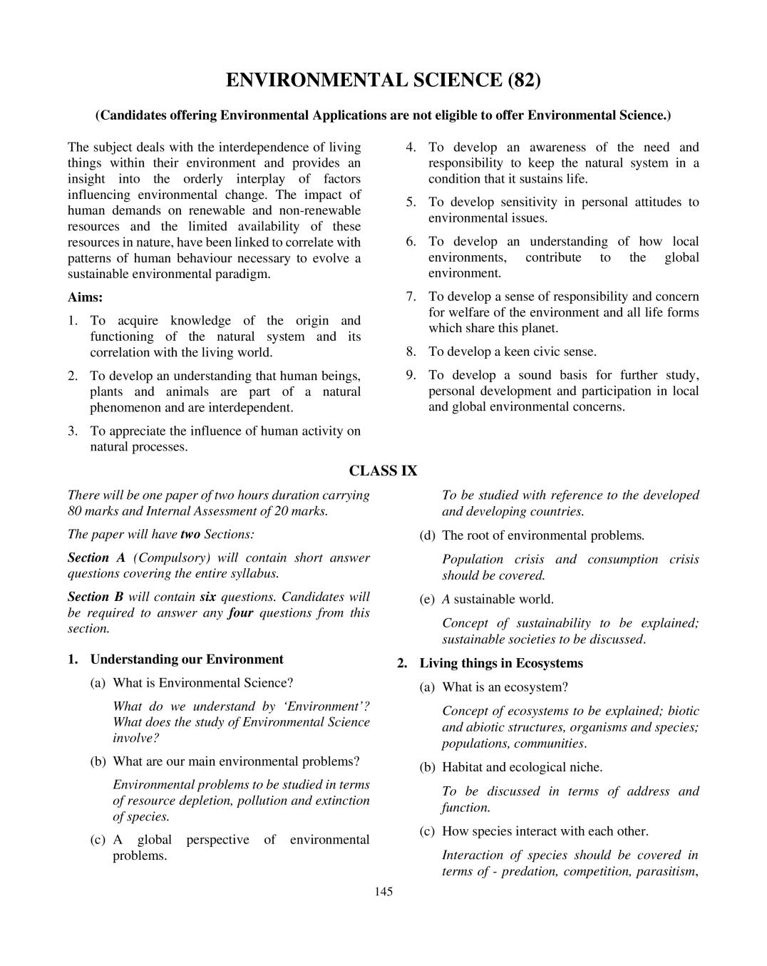 ICSE Class 10 Environmental Science Syllabus 2021 - Page 1